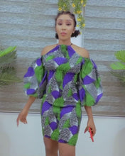 Load and play video in Gallery viewer, The Nana Purple Stretchy Halter Ankara or Pagne Africaine dress