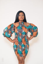 Load image into Gallery viewer, The Nana Stretchy Orange Ankara or Pagne Africaine Halter dress